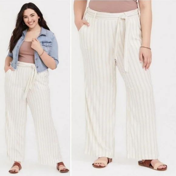 TORRID Striped Linen Wide Leg Pants SIZE 22 Boho Belted - Picture 1 of 5